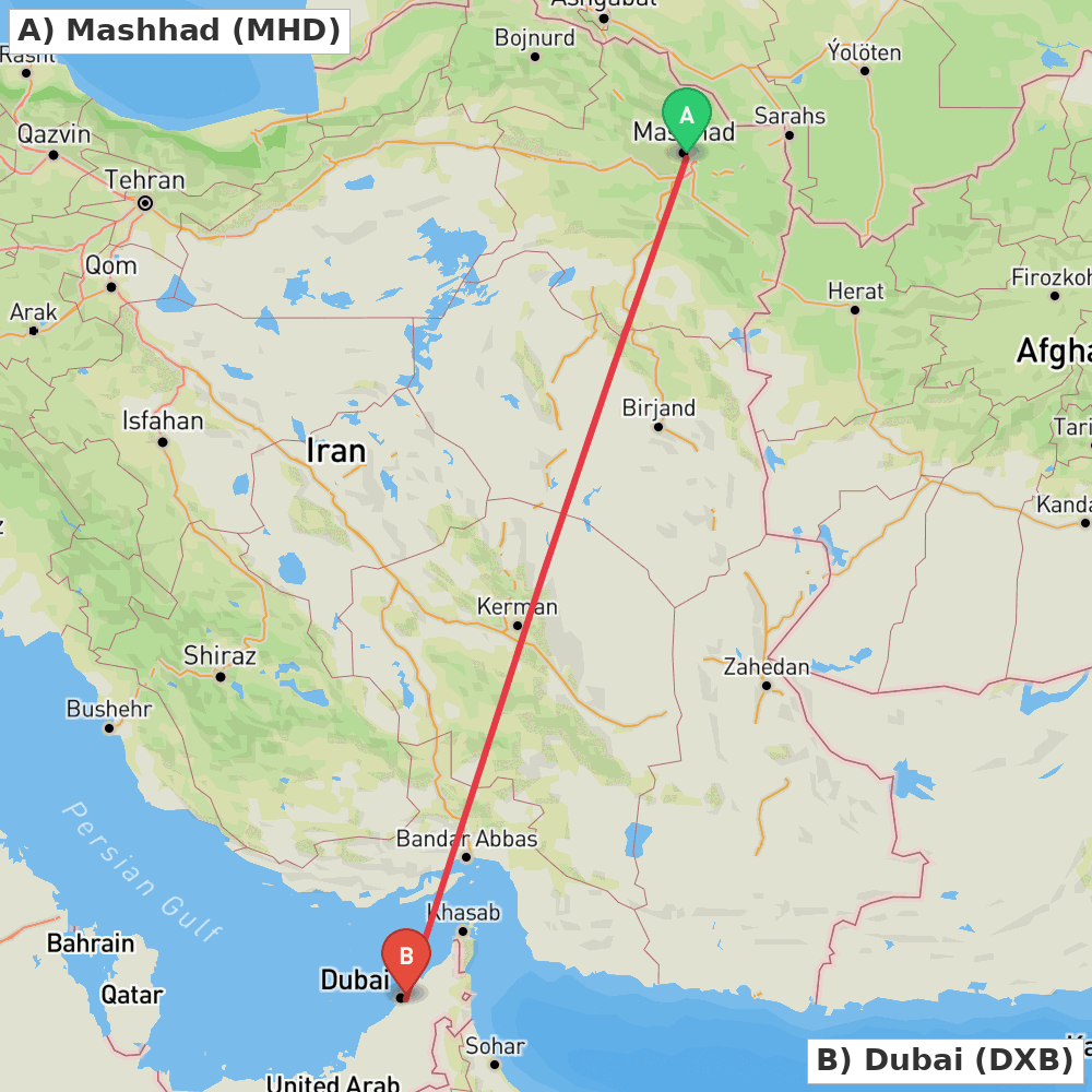 Flight route map from Mashhad to Dubai