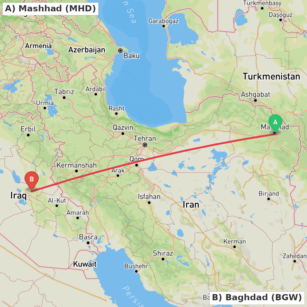 Flight route map from Mashhad to Baghdad