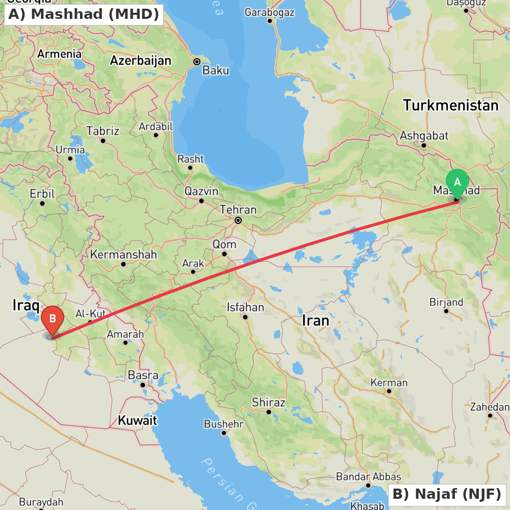 Flight route map from Mashhad to Najaf