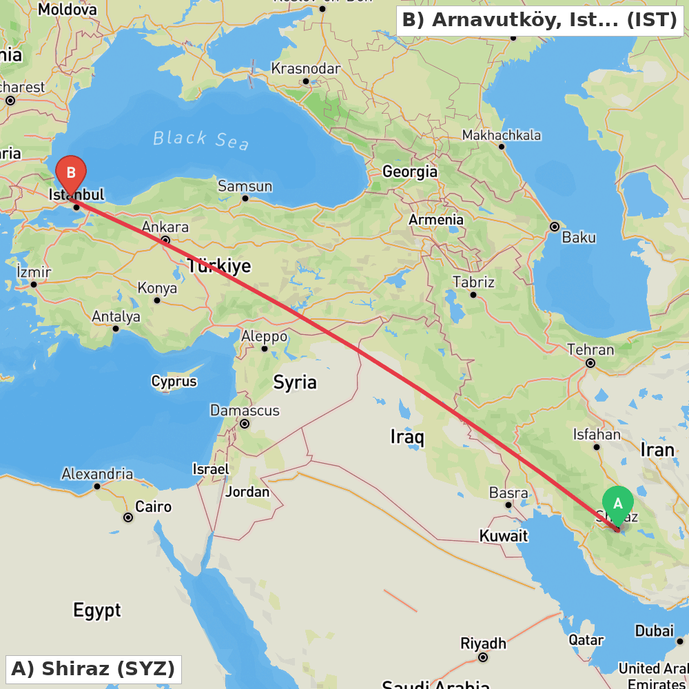 Flight route map from Shiraz to Arnavutköy, Istanbul