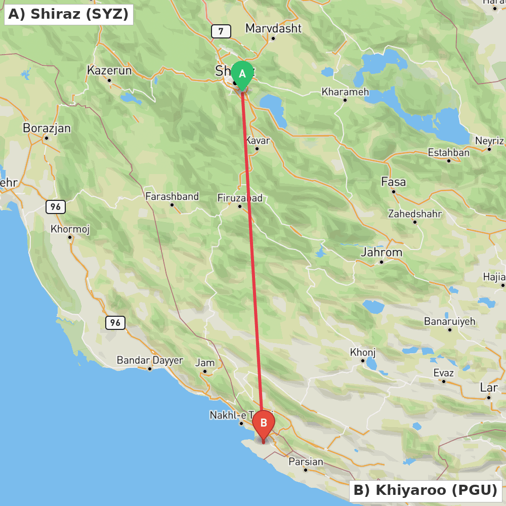 Flight route map from Shiraz to Khiyaroo
