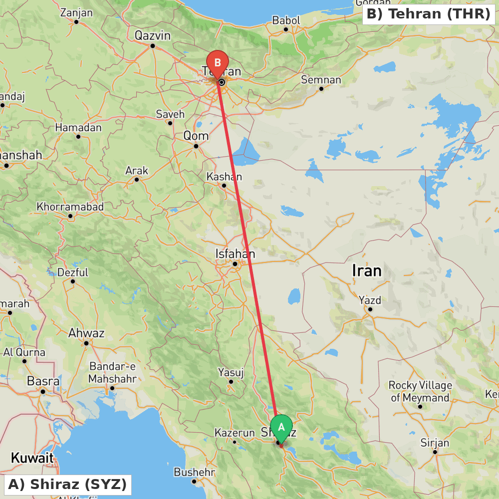 Flight route map from Shiraz to Tehran