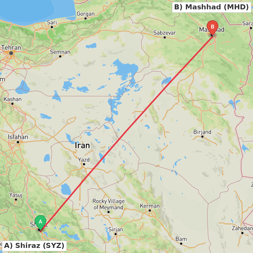 Flight route map from Shiraz to Mashhad