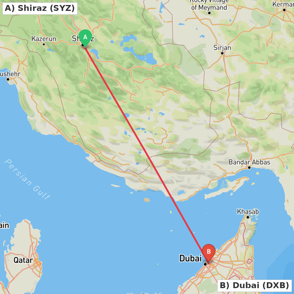 Flight route map from Shiraz to Dubai