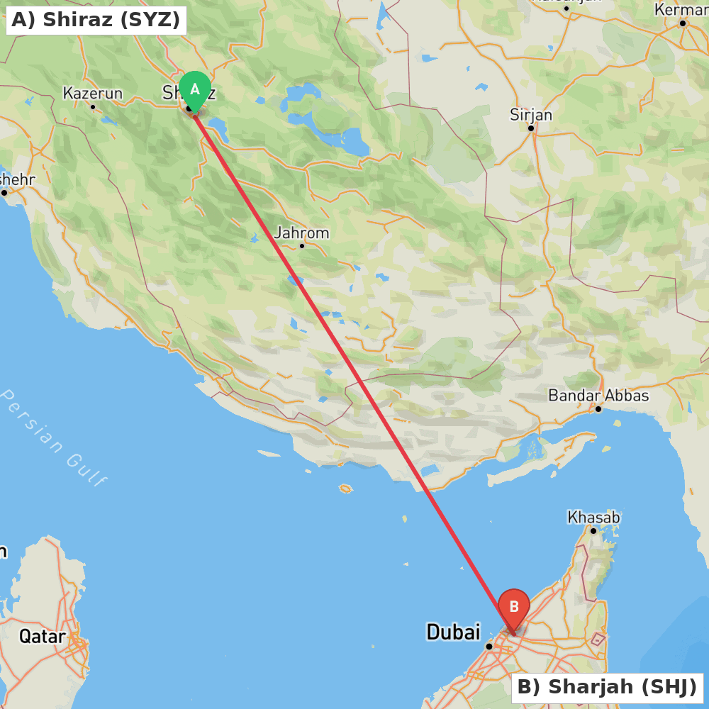Flight route map from Shiraz to Sharjah