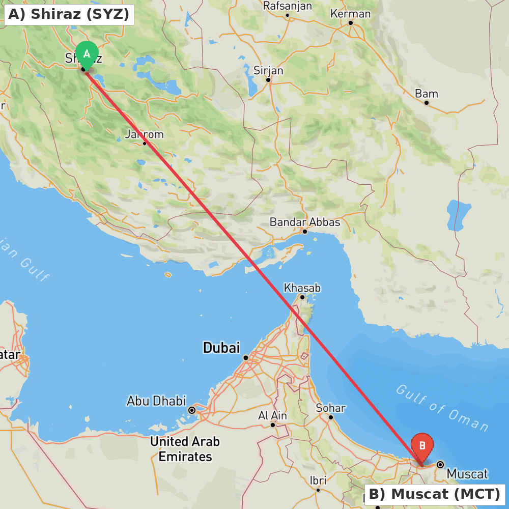 Flight route map from Shiraz to Muscat