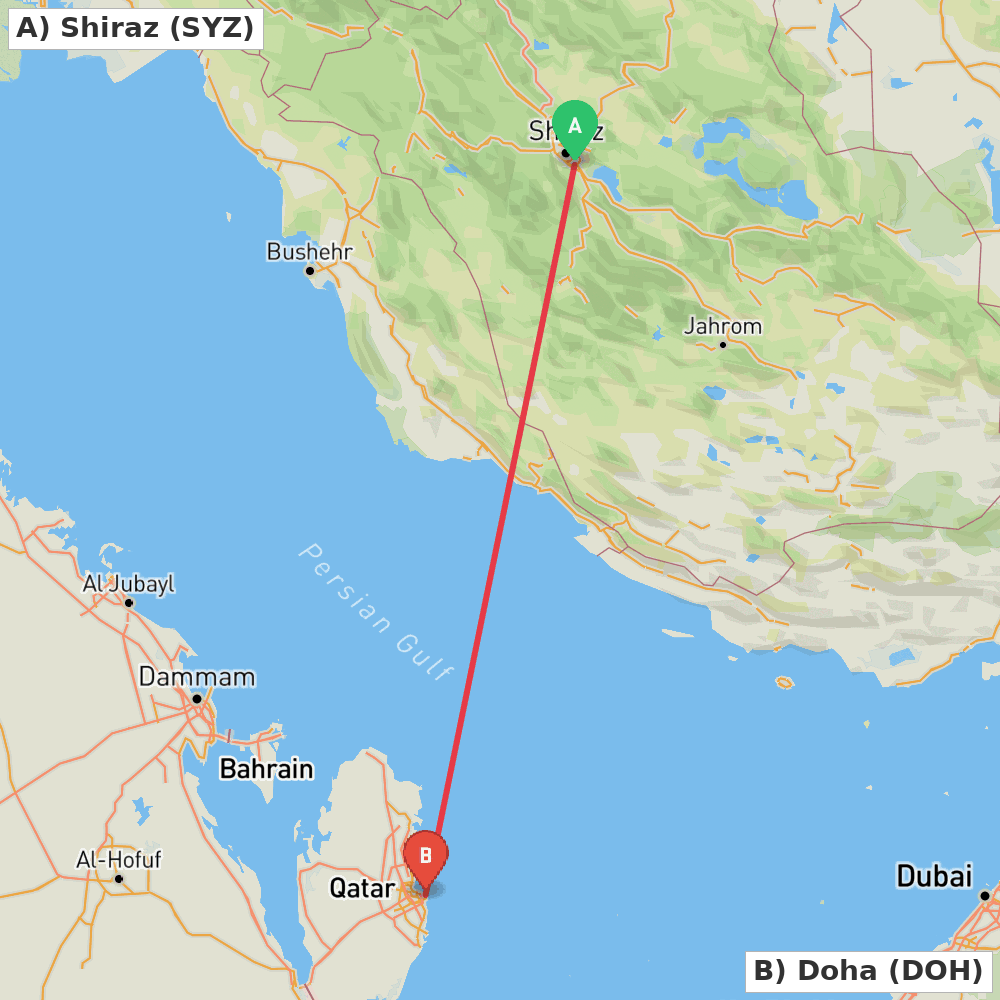 Flight route map from Shiraz to Doha