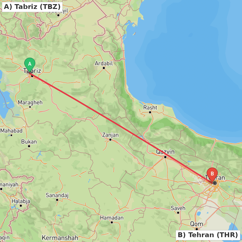 Flight route map from Tabriz to Tehran