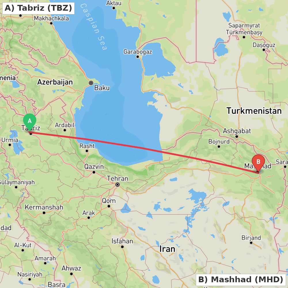 Flight route map from Tabriz to Mashhad