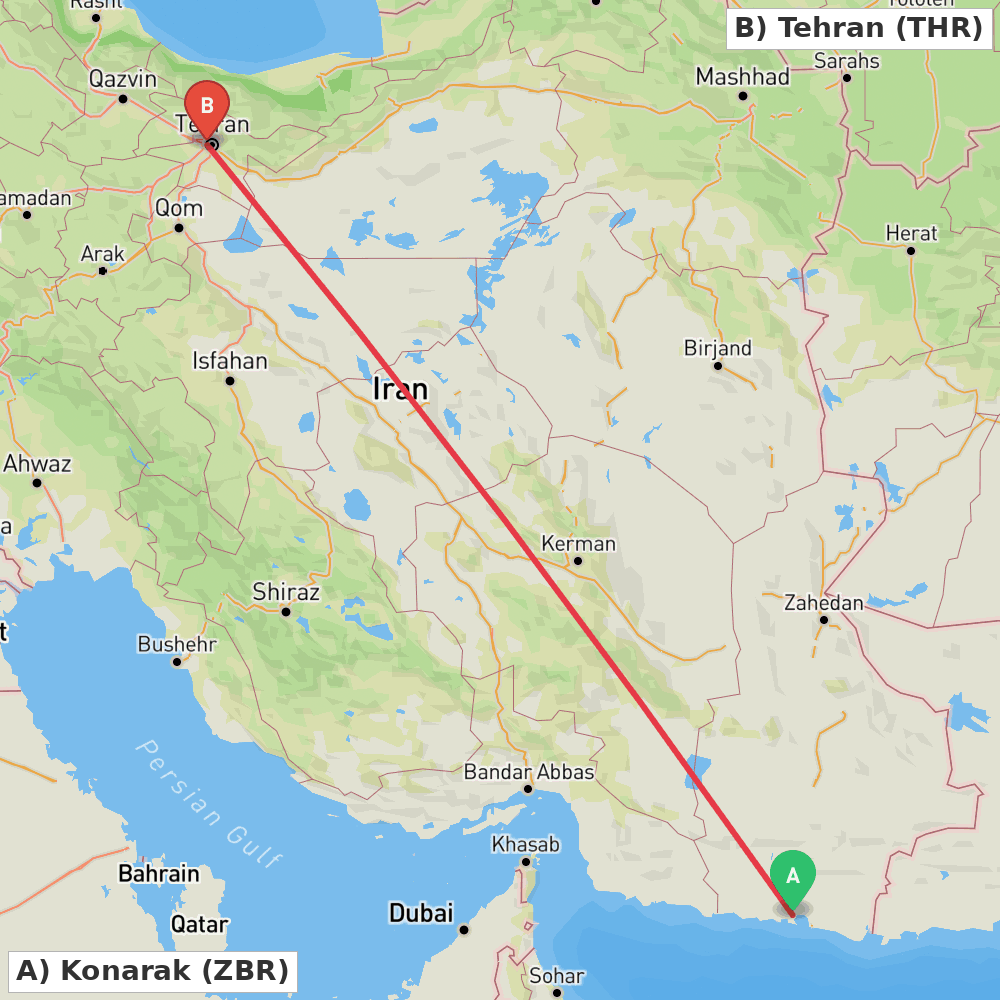 Flight route map from Konarak to Tehran