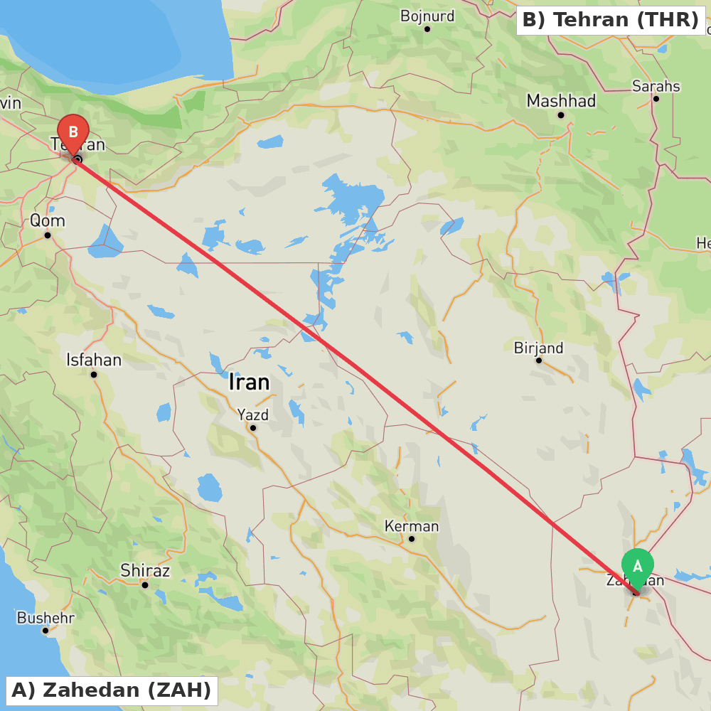 Flight route map from Zahedan to Tehran
