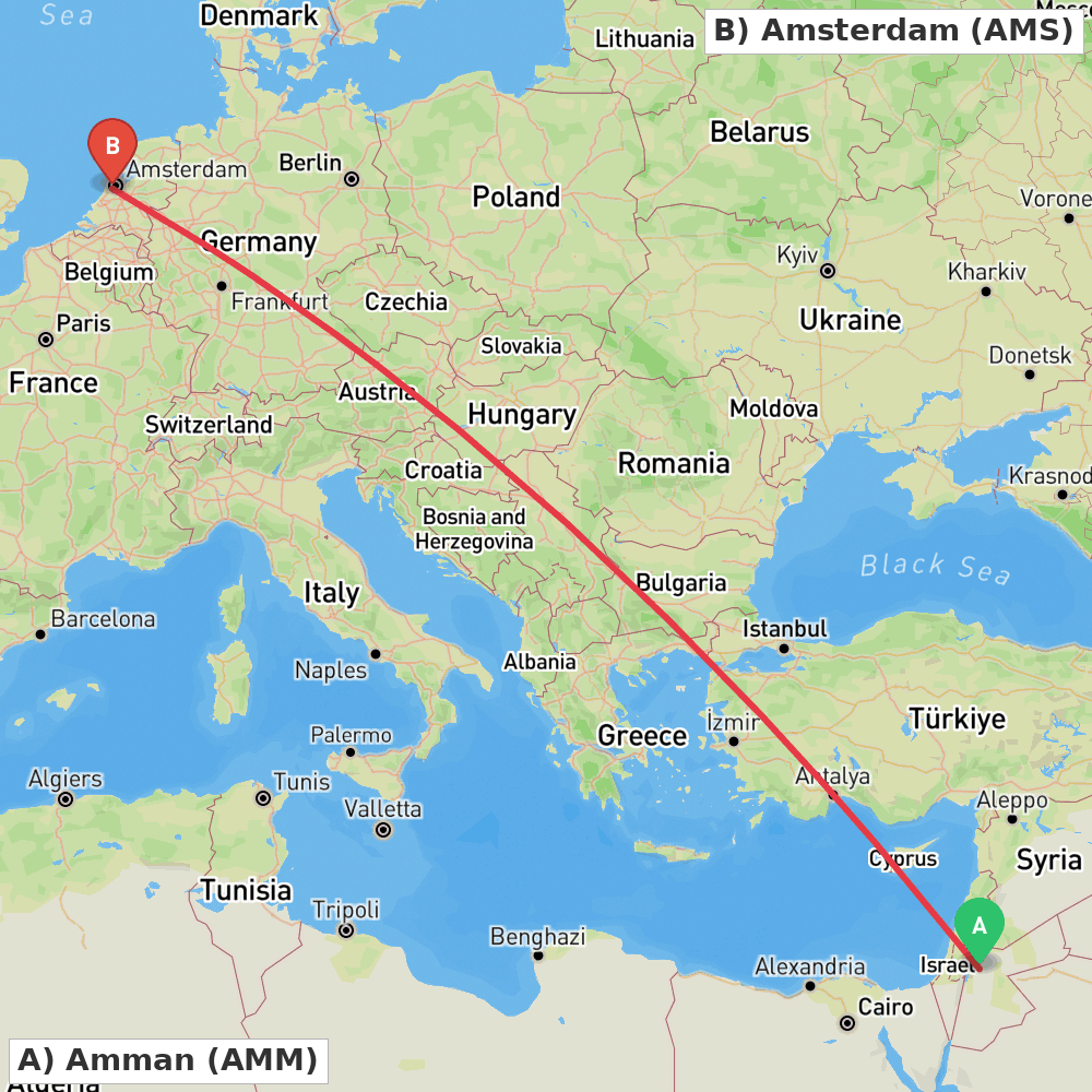 Flight route map from Amman to Amsterdam