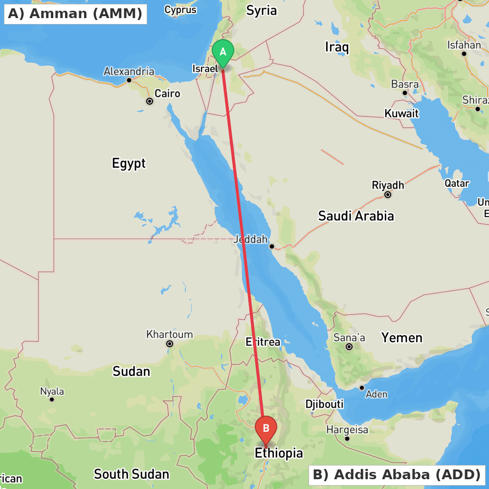 Flight route map from Amman to Addis Ababa