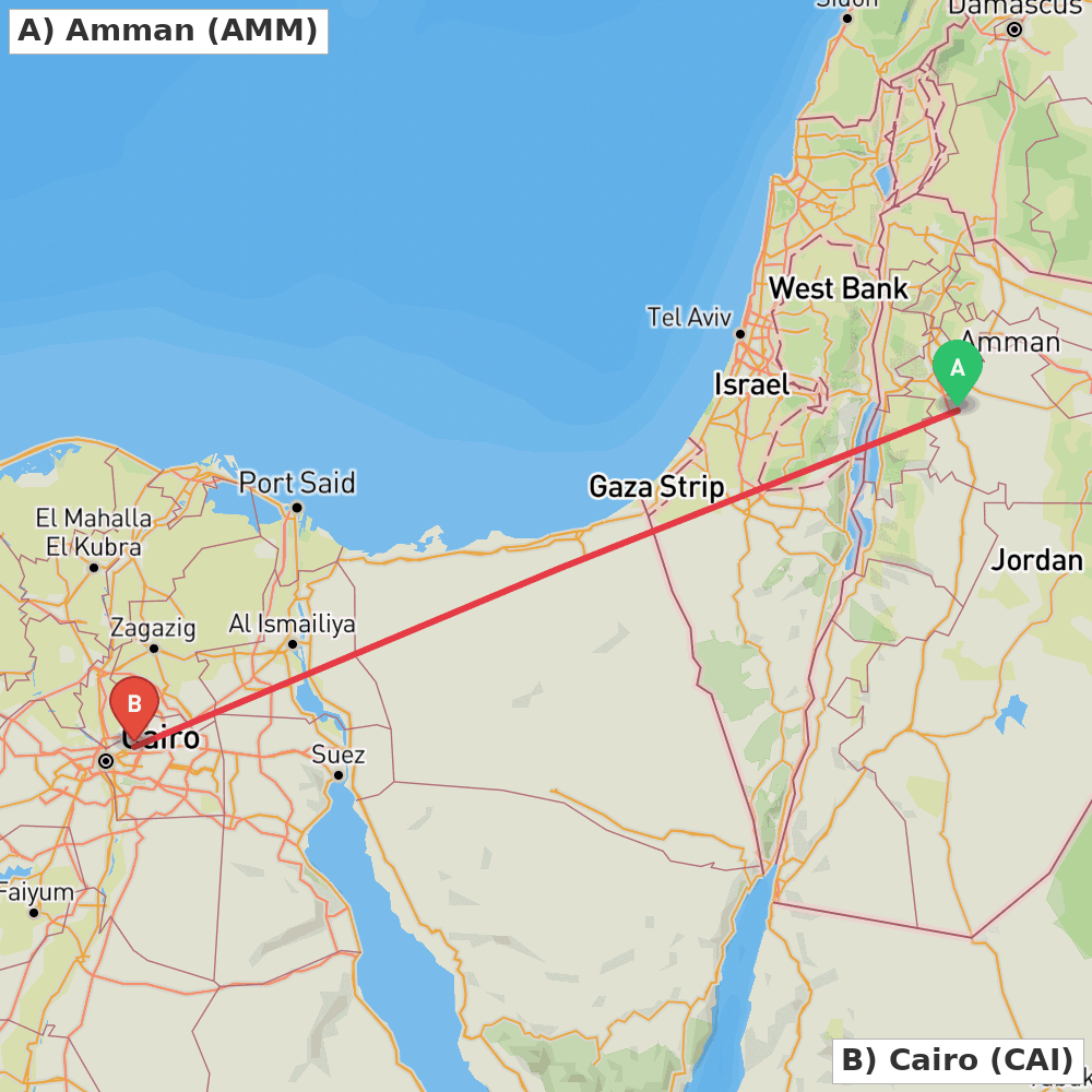 Flight route map from Amman to Cairo