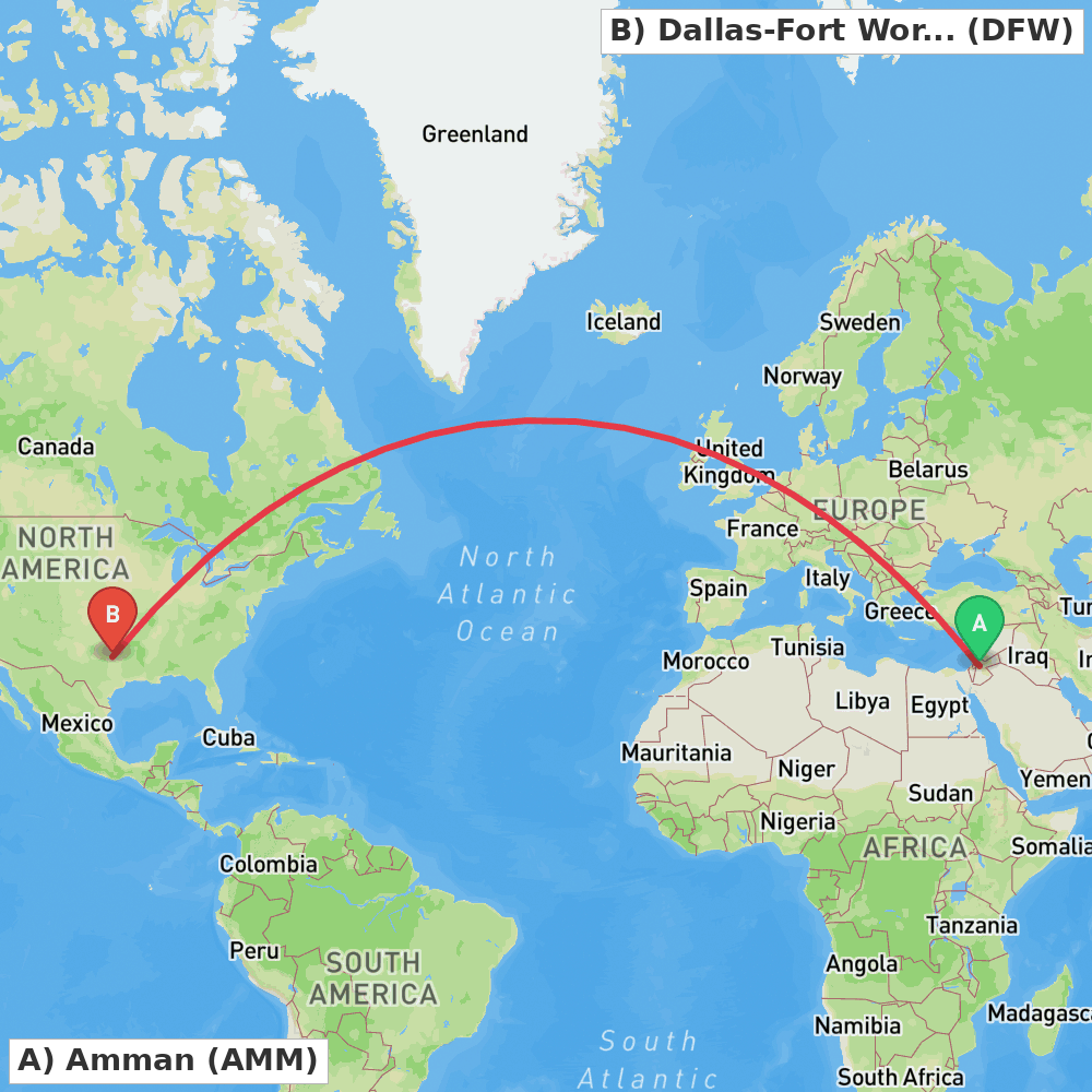 Flight route map from Amman to Dallas-Fort Worth