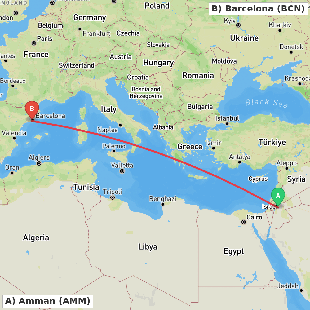 Flight route map from Amman to Barcelona
