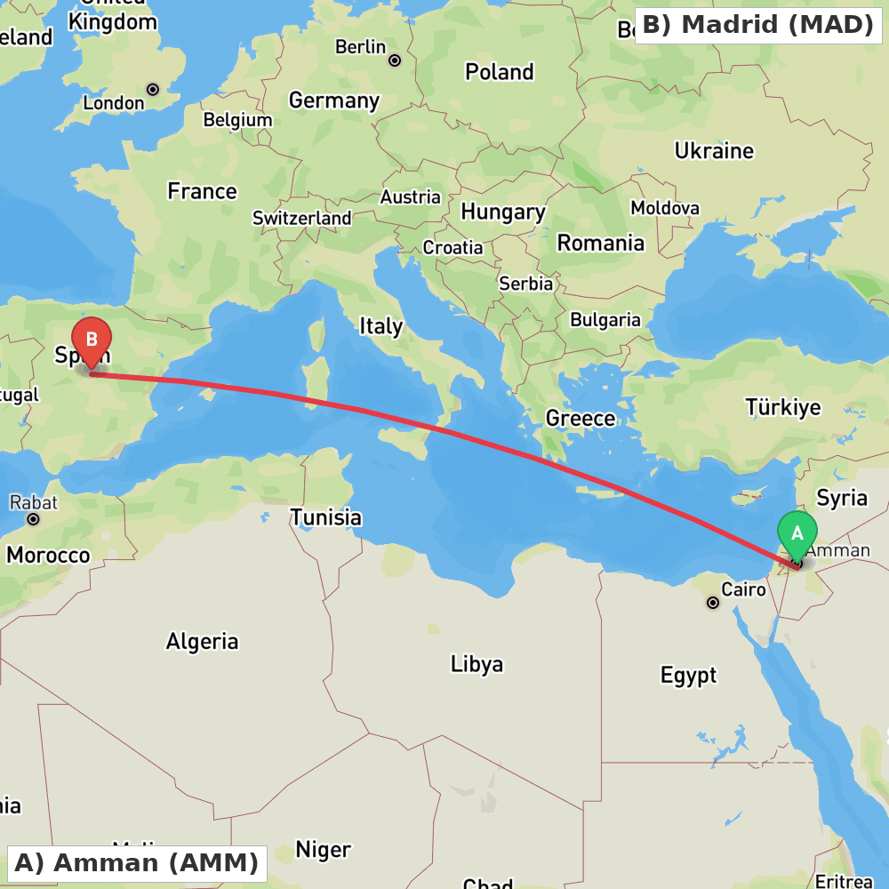 Flight route map from Amman to Madrid
