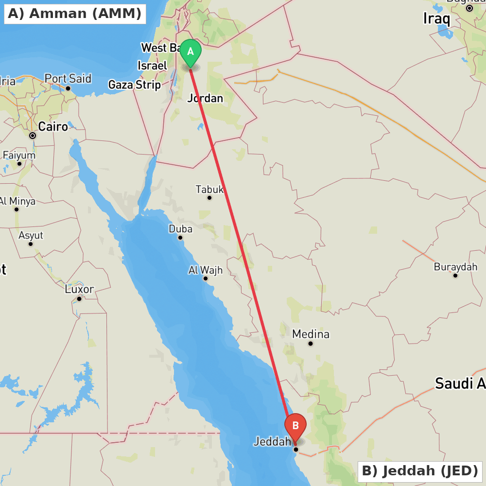 Flight route map from Amman to Jeddah