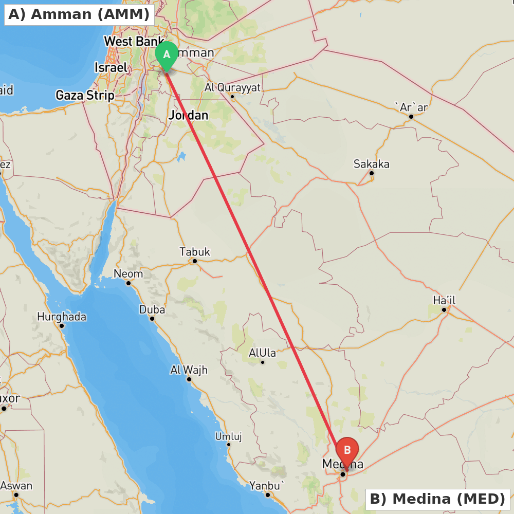 Flight route map from Amman to Medina