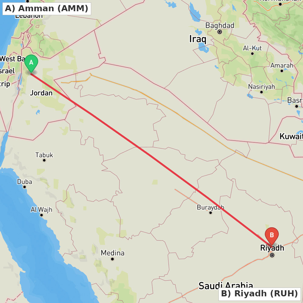 Flight route map from Amman to Riyadh