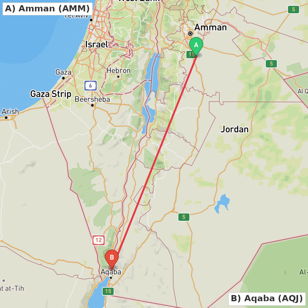 Flight route map from Amman to Aqaba