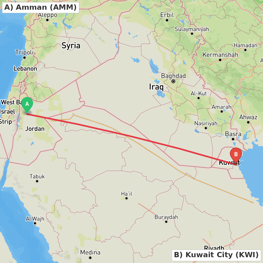 Flight route map from Amman to Kuwait City