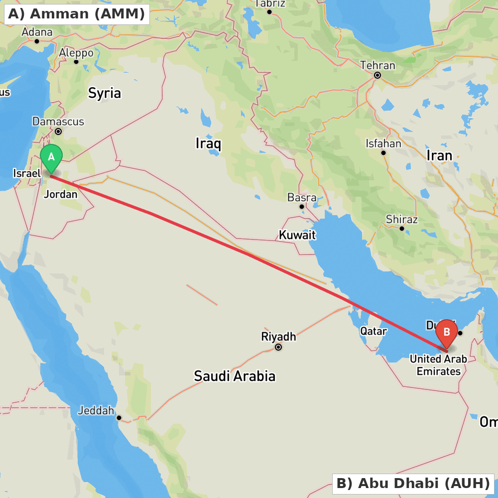Flight route map from Amman to Abu Dhabi