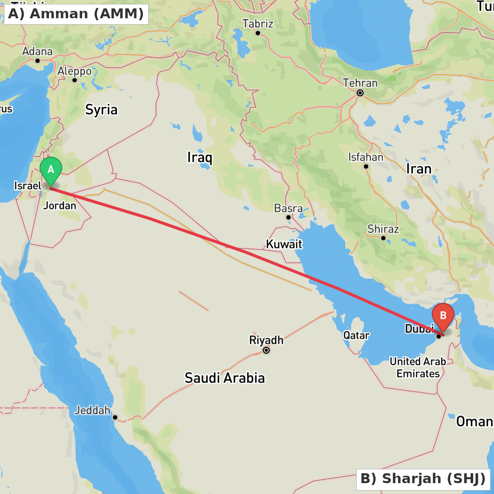 Flight route map from Amman to Sharjah