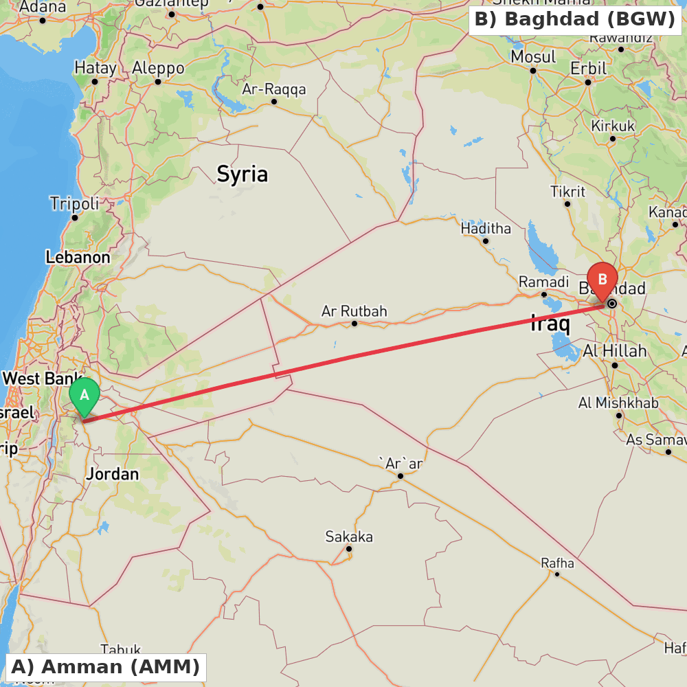 Flight route map from Amman to Baghdad
