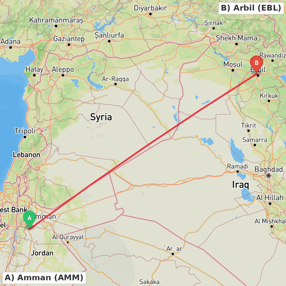 Flight route map from Amman to Arbil