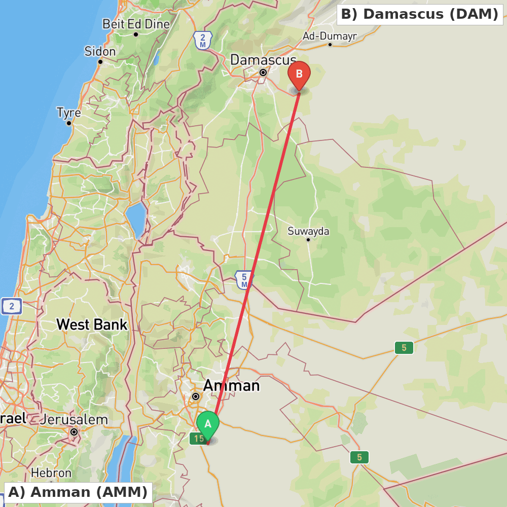 Flight route map from Amman to Damascus
