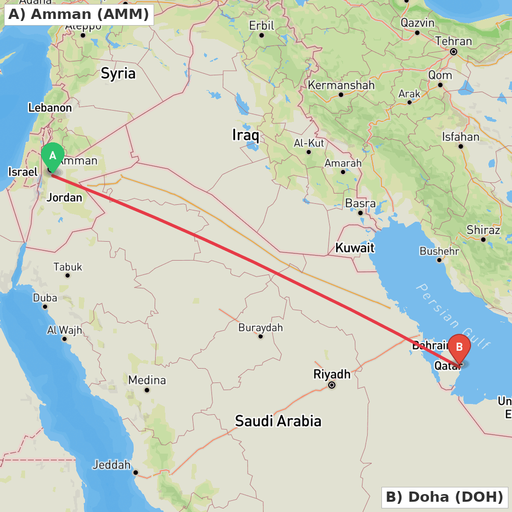 Flight route map from Amman to Doha