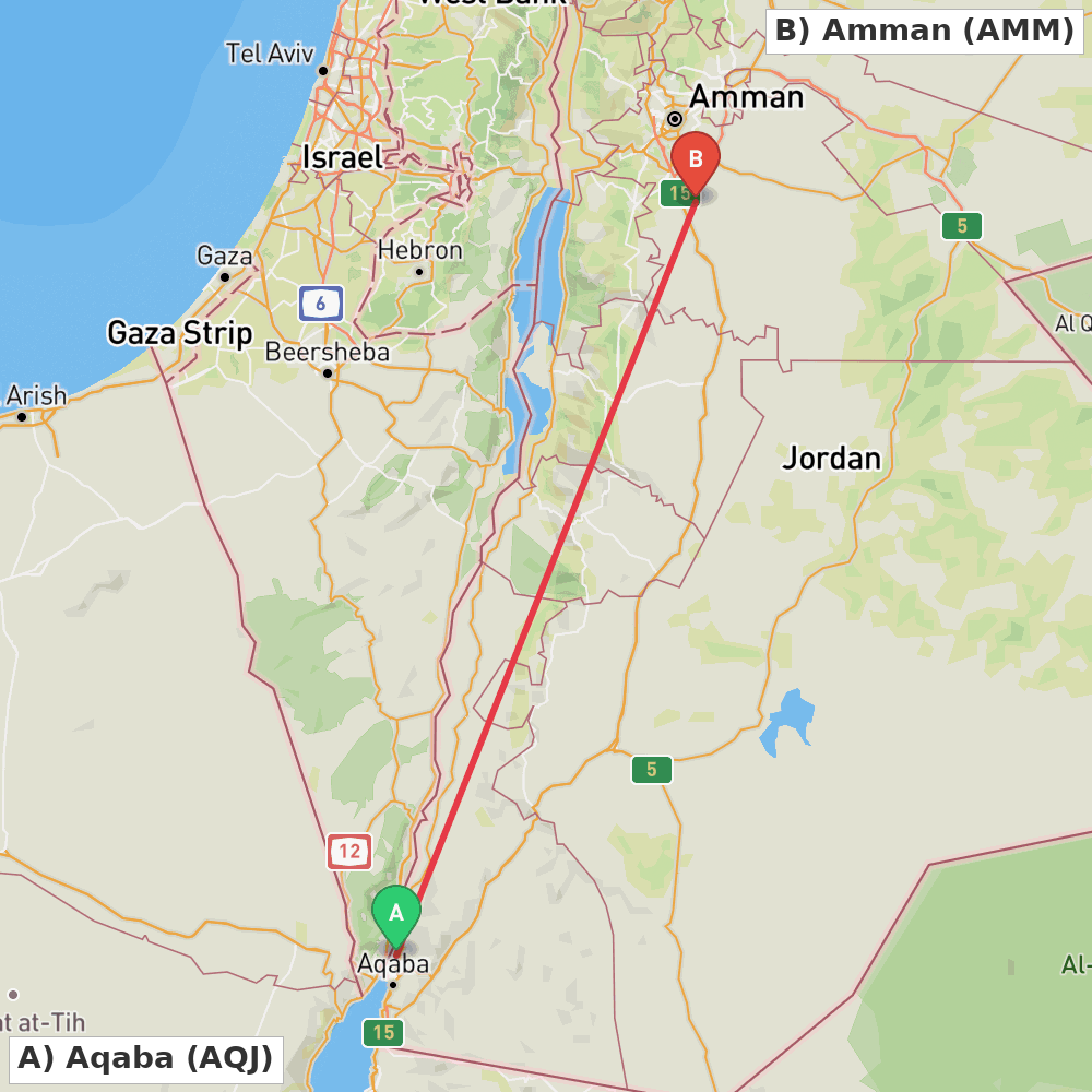 Flight route map from Aqaba to Amman