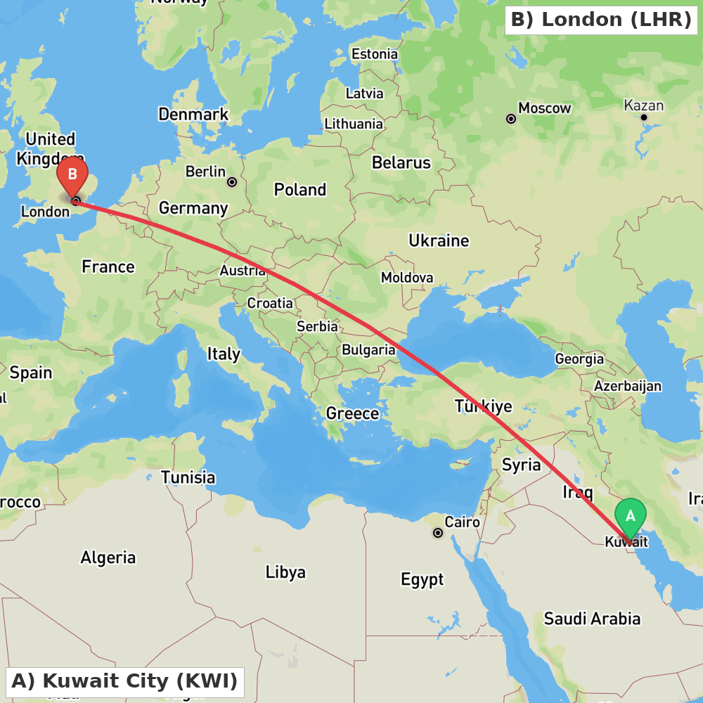 Flight route map from Kuwait City to London