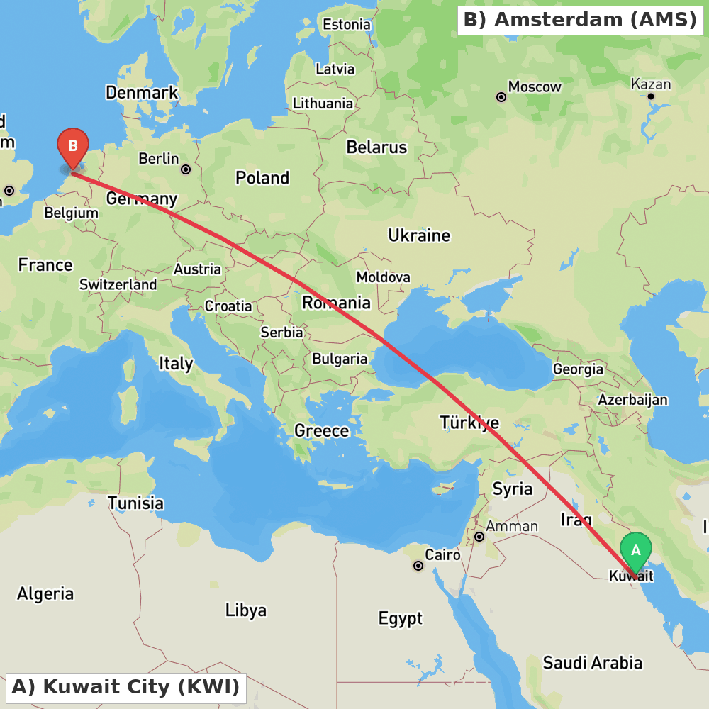 Flight route map from Kuwait City to Amsterdam