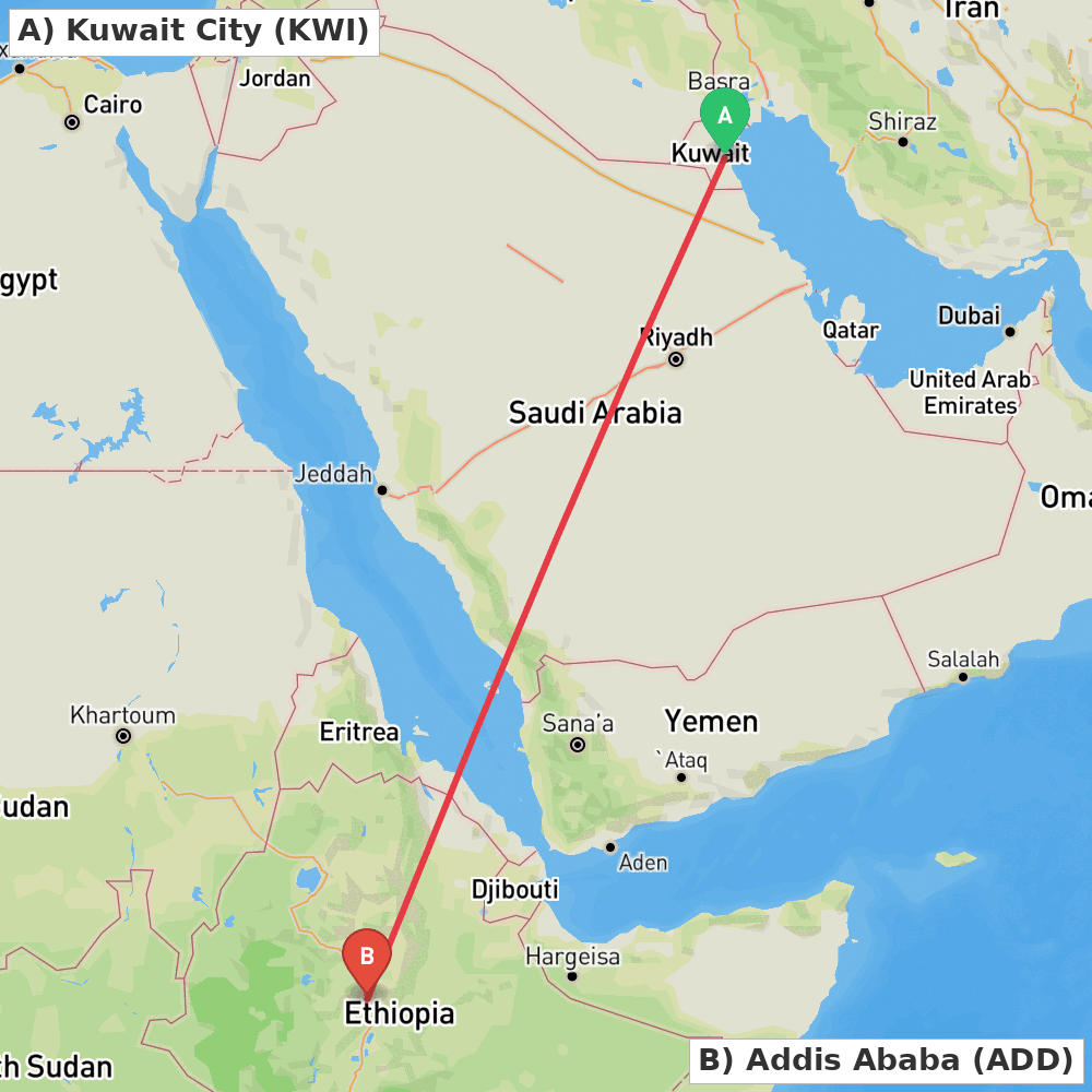 Flight route map from Kuwait City to Addis Ababa