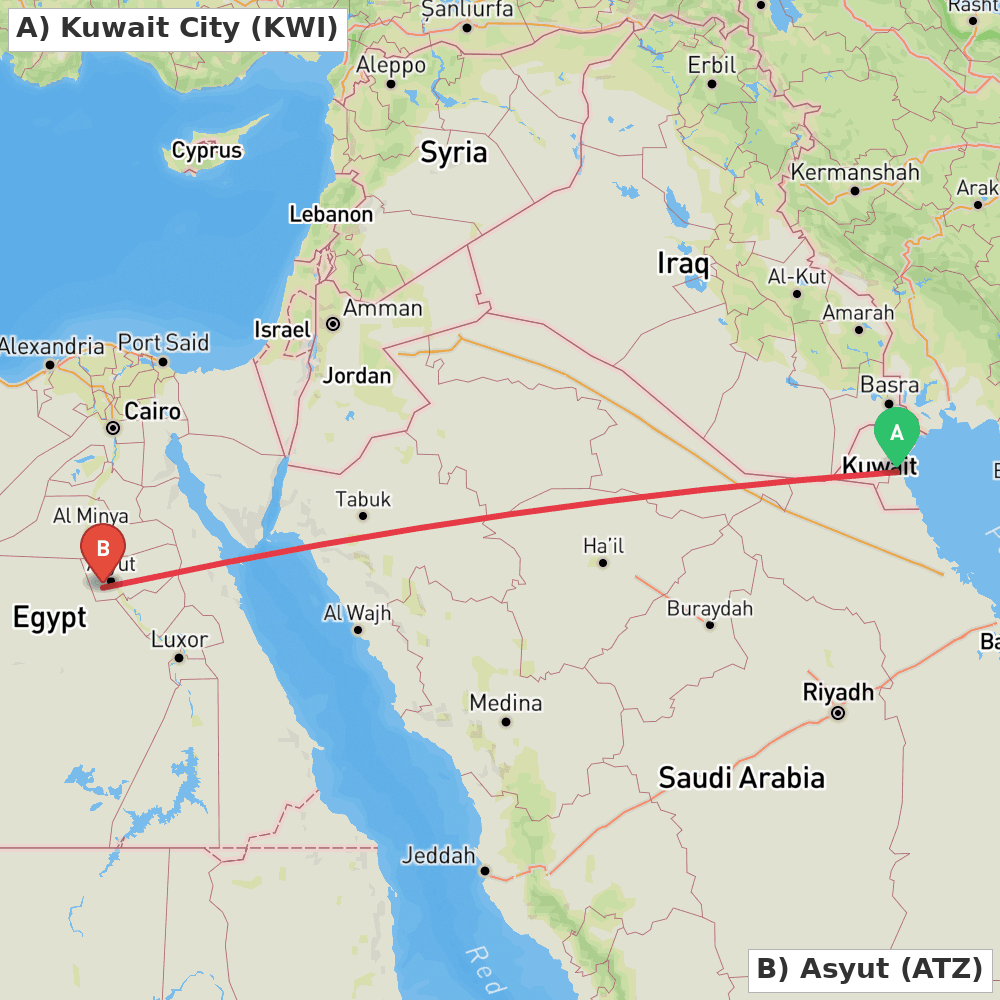 Flight route map from Kuwait City to Asyut