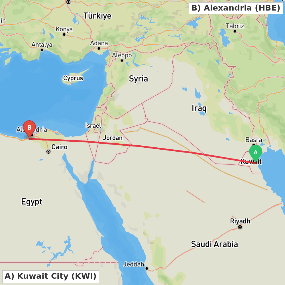 Flight route map from Kuwait City to Alexandria