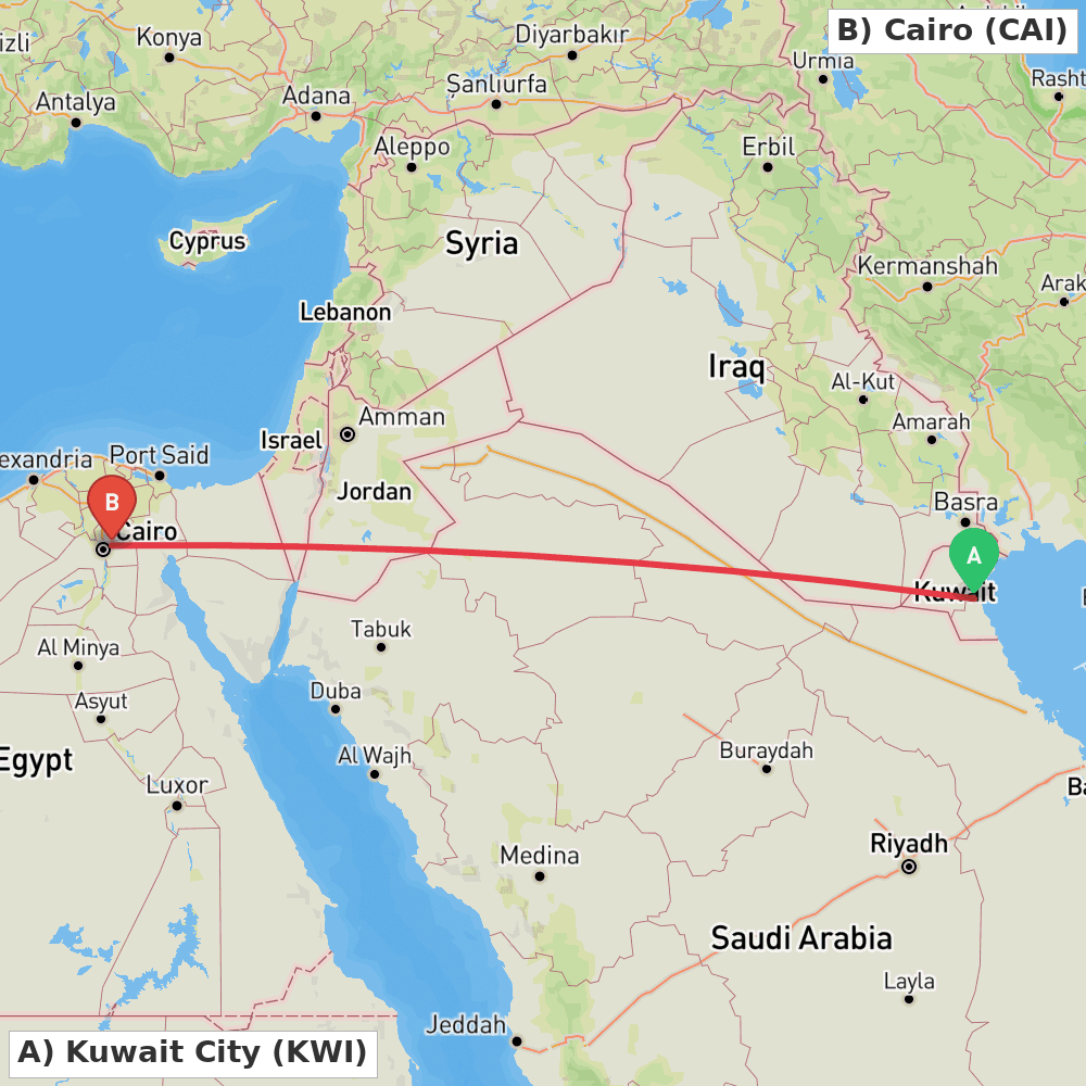 Flight route map from Kuwait City to Cairo