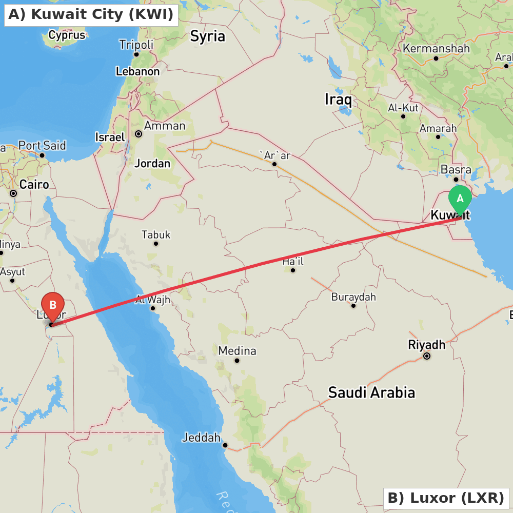 Flight route map from Kuwait City to Luxor