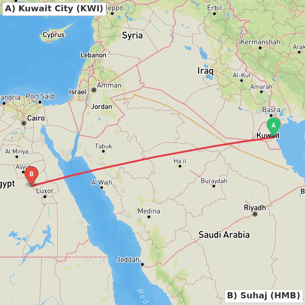 Flight route map from Kuwait City to Suhaj