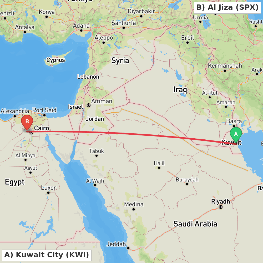 Flight route map from Kuwait City to Al Jiza
