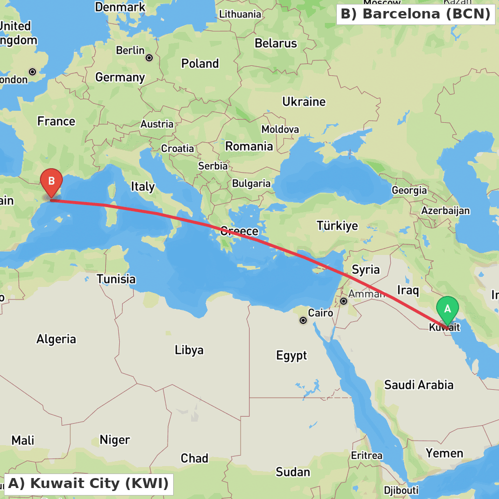 Flight route map from Kuwait City to Barcelona