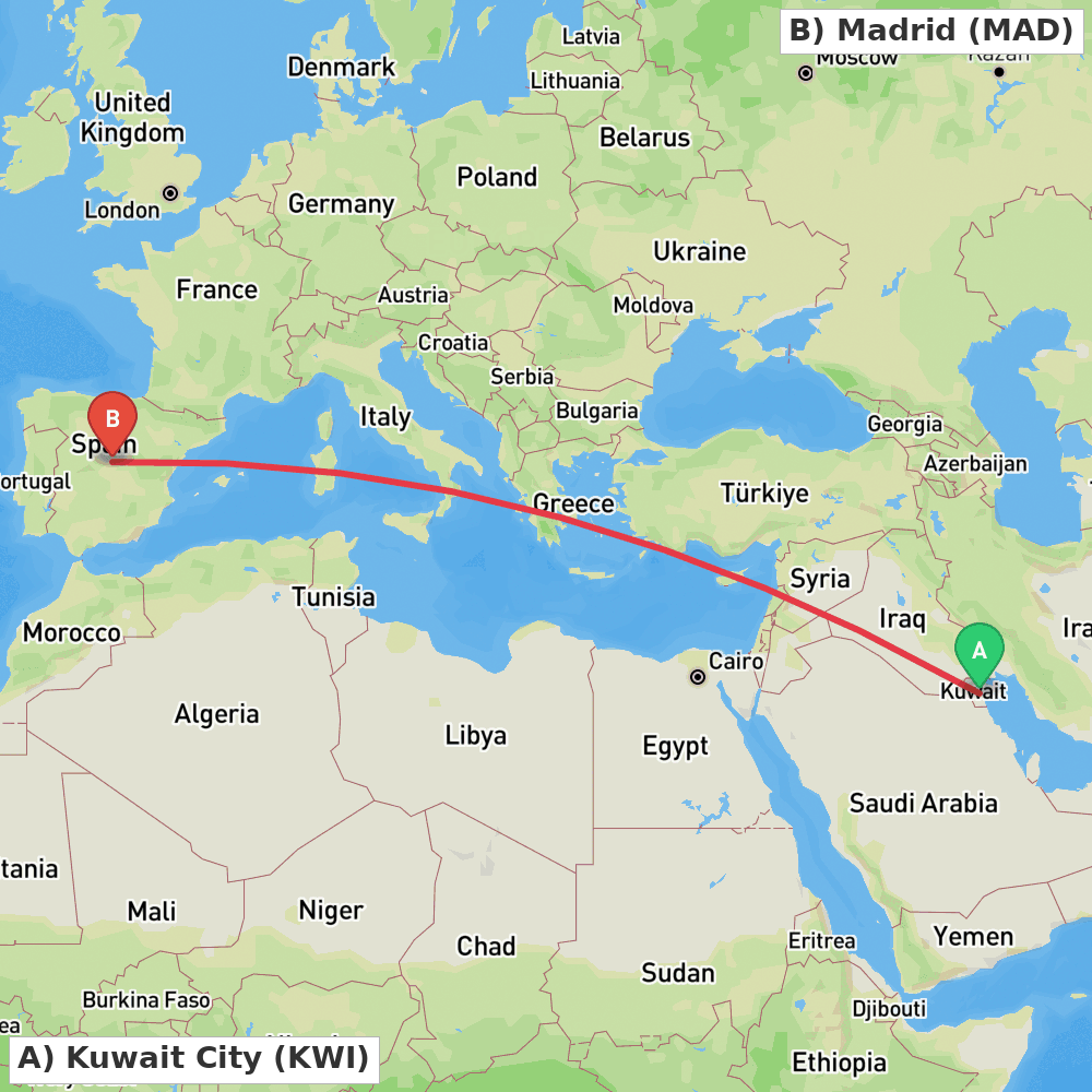 Flight route map from Kuwait City to Madrid