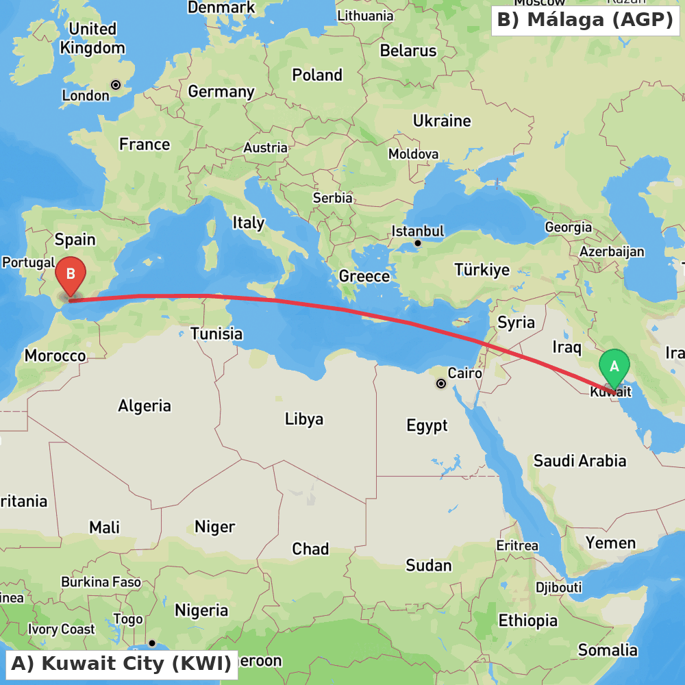 Flight route map from Kuwait City to Málaga