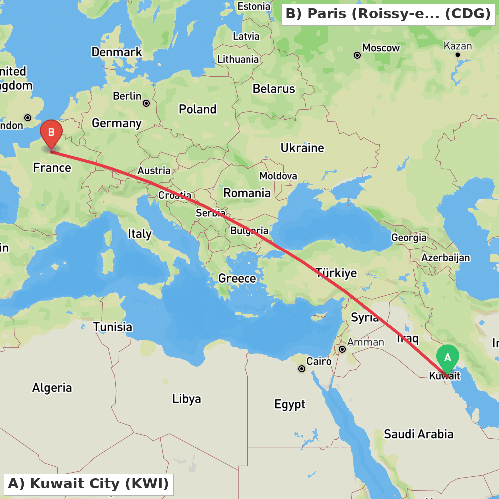 Flight route map from Kuwait City to Paris (Roissy-en-France, Val-d'Oise)