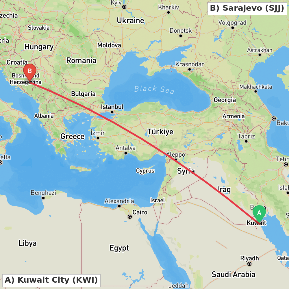 Flight route map from Kuwait City to Sarajevo
