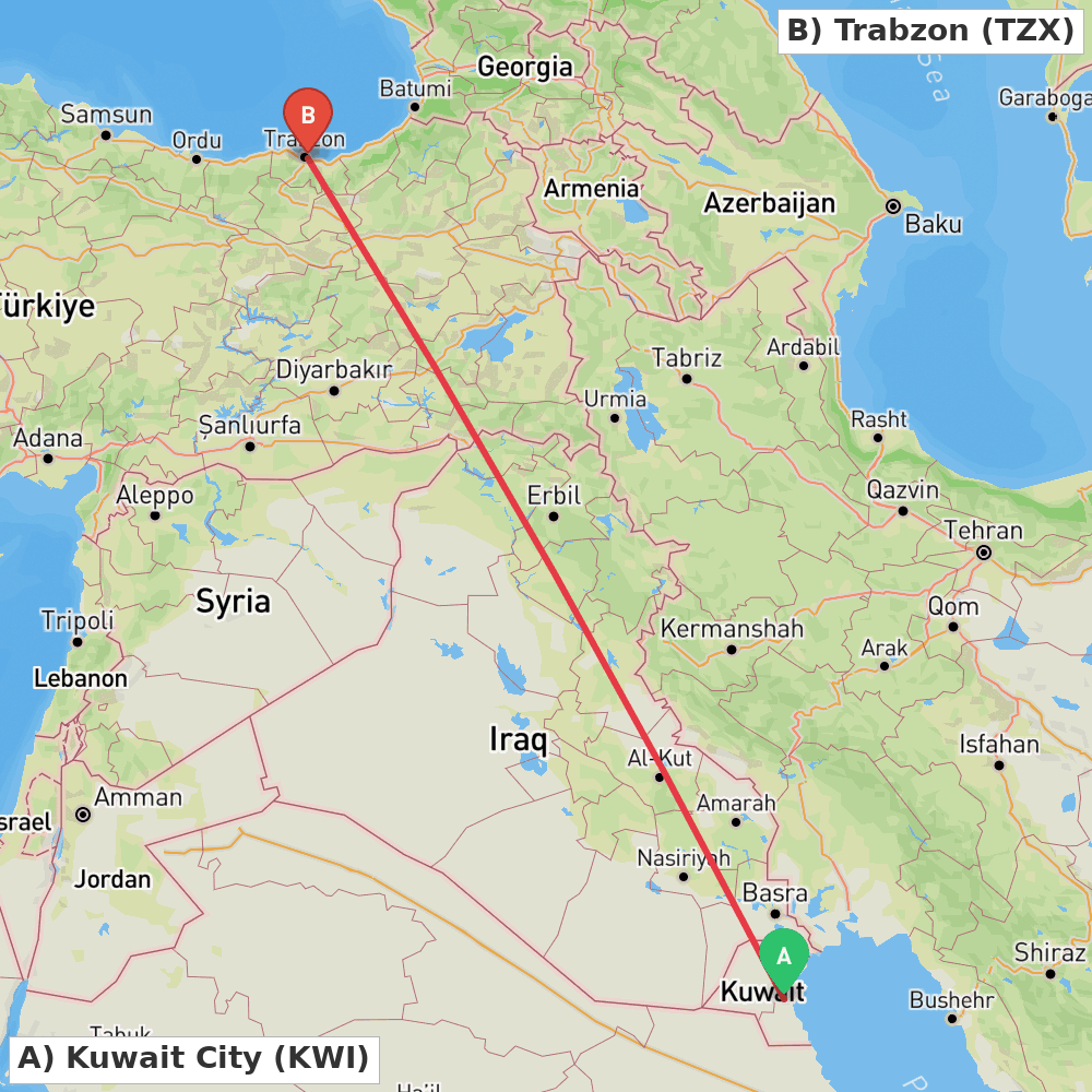Flight route map from Kuwait City to Trabzon