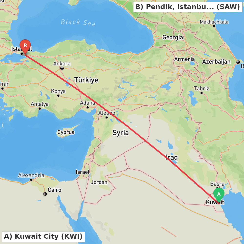 Flight route map from Kuwait City to Pendik, Istanbul