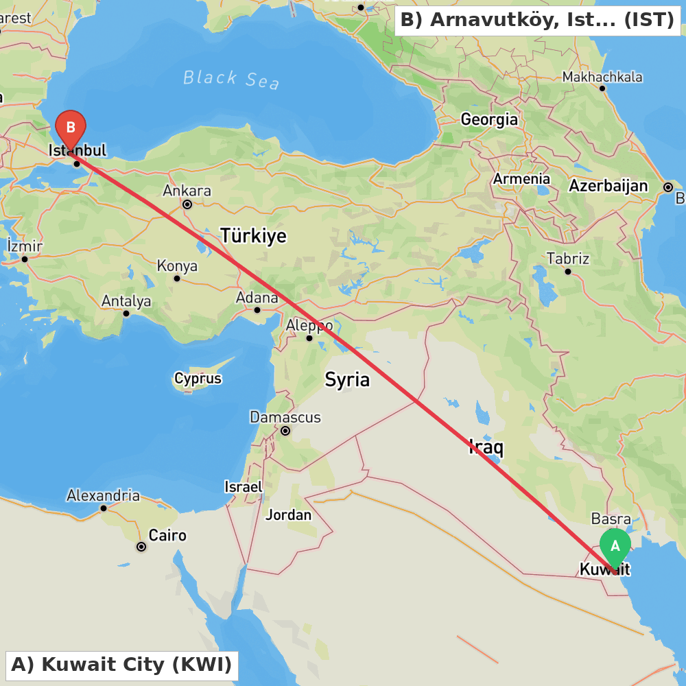 Flight route map from Kuwait City to Arnavutköy, Istanbul